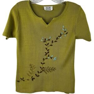 CLIO Petites Vintage Women's Top Embroidered Botanical Green 90's Y2K Size S/M